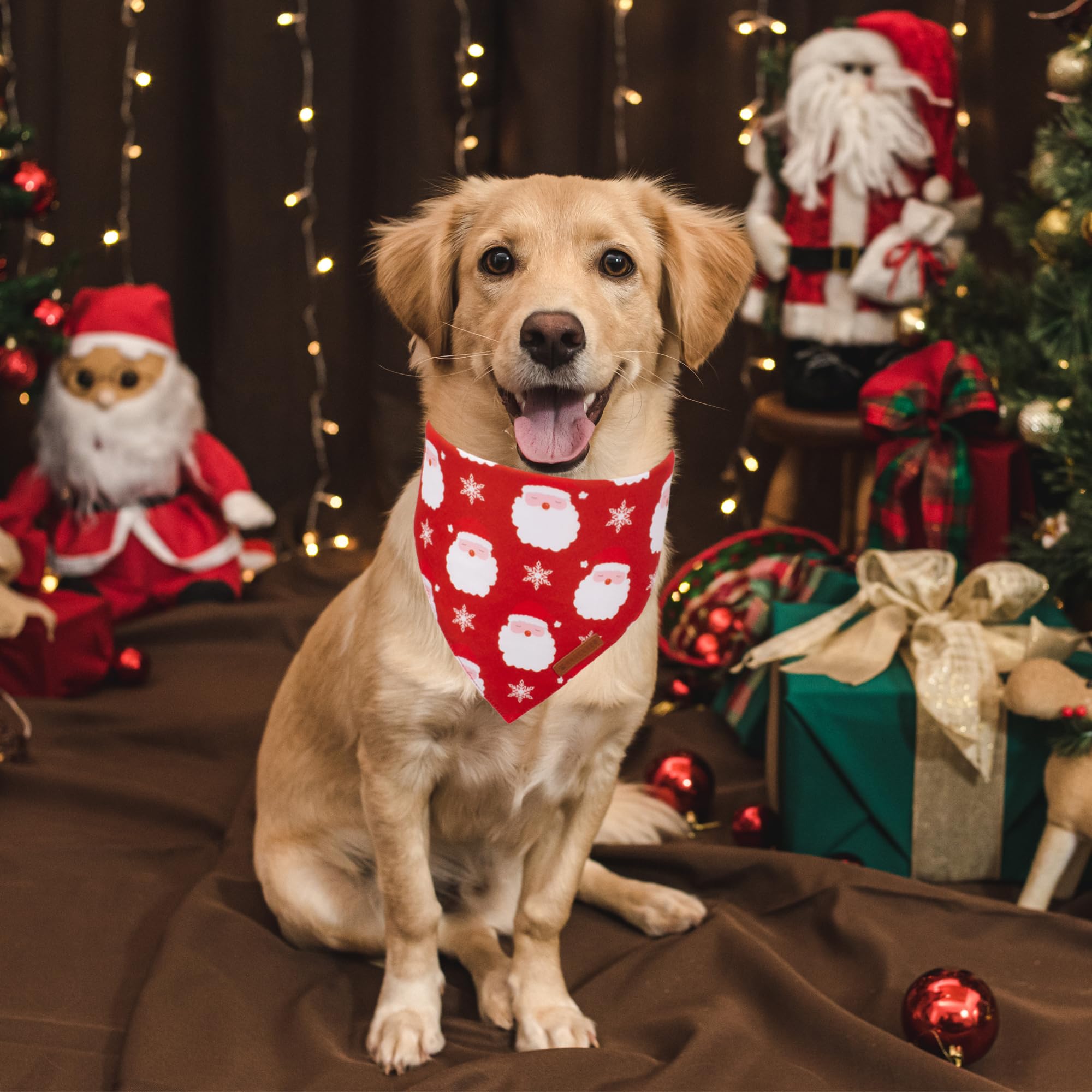 ADOGGYGO Christmas Dog Bandanas 2 Pack, Santa Deer Pattern Pet Xmas Scarf Bib, Premium Durable Fabric, Pet Christmas Bandanas fo